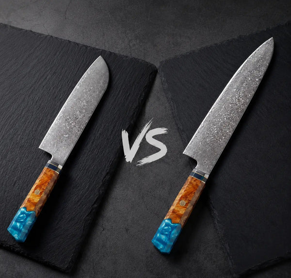 Comparatif entre un couteau Santoku et un couteau de chef Gyuto Ryulys forgés en acier de qualité d exception premium sur fond sombre luxueux