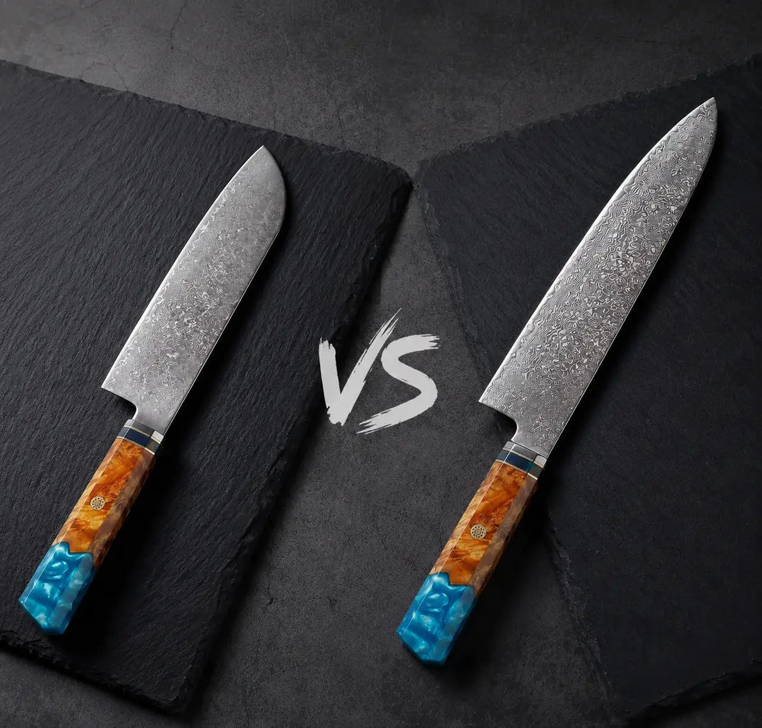 Comparatif entre un couteau Santoku et un couteau de chef Gyuto Ryulys forgés en acier de qualité d exception premium sur fond sombre luxueux