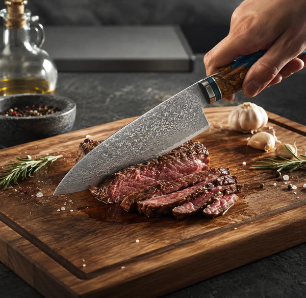 Gamme de couteaux japonais Ryulys en acier de qualité d exception premium alignés à côté de tranches de saumon de viande et de légumes frais
