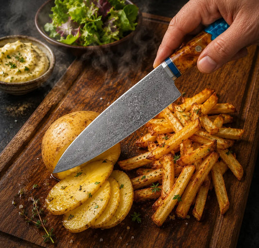 Découpe régulière de frites maison en bâtonnets carrés sur une planche en bois avec un couteau japonais Santoku Ryulys en acier de qualité premium