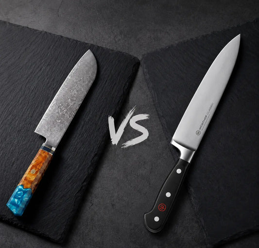 Comparatif technique couteau allemand vs couteau japonais Gyuto Ryulys en acier damas pour analyser les profils de lames