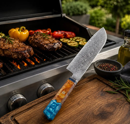  Tranches parfaites de brisket de bœuf fumé coupées contre le grain avec une lame damas Ryulys haut de gamme présentée dans Le Guide du Barbecue