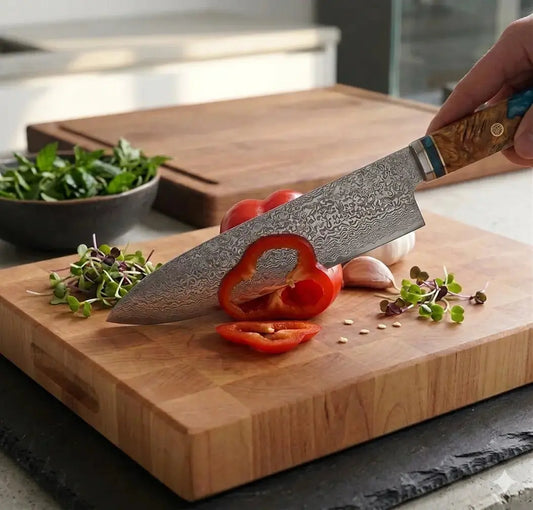 Chef découpant de fines lamelles de saumon frais pour l art du sashimi maison avec un couteau de chef japonais Ryulys en acier premium